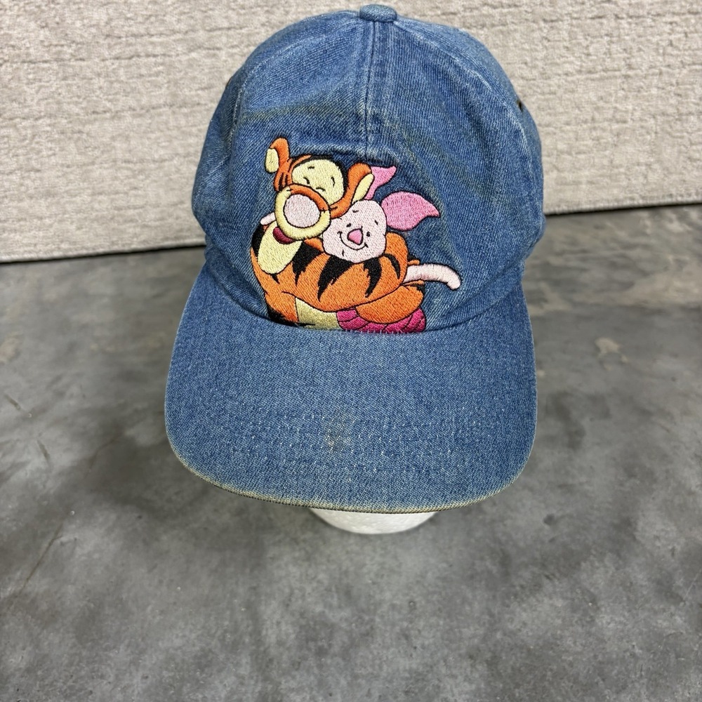 Vtg 90's Denim Winnie The Pooh Piglet Tigger Hat Stretch Back Disney Cap Unisex